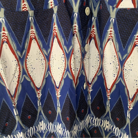 Blue,white & red printed cotton short dress. 2 pockets, shell buttons. - Picture 8 of 9